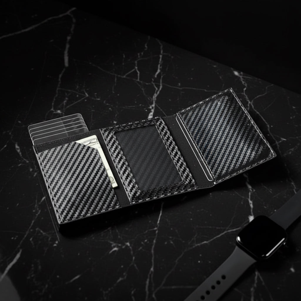 Carbon fiber patterned wallet with card slots and cash compartment on a dark surface.