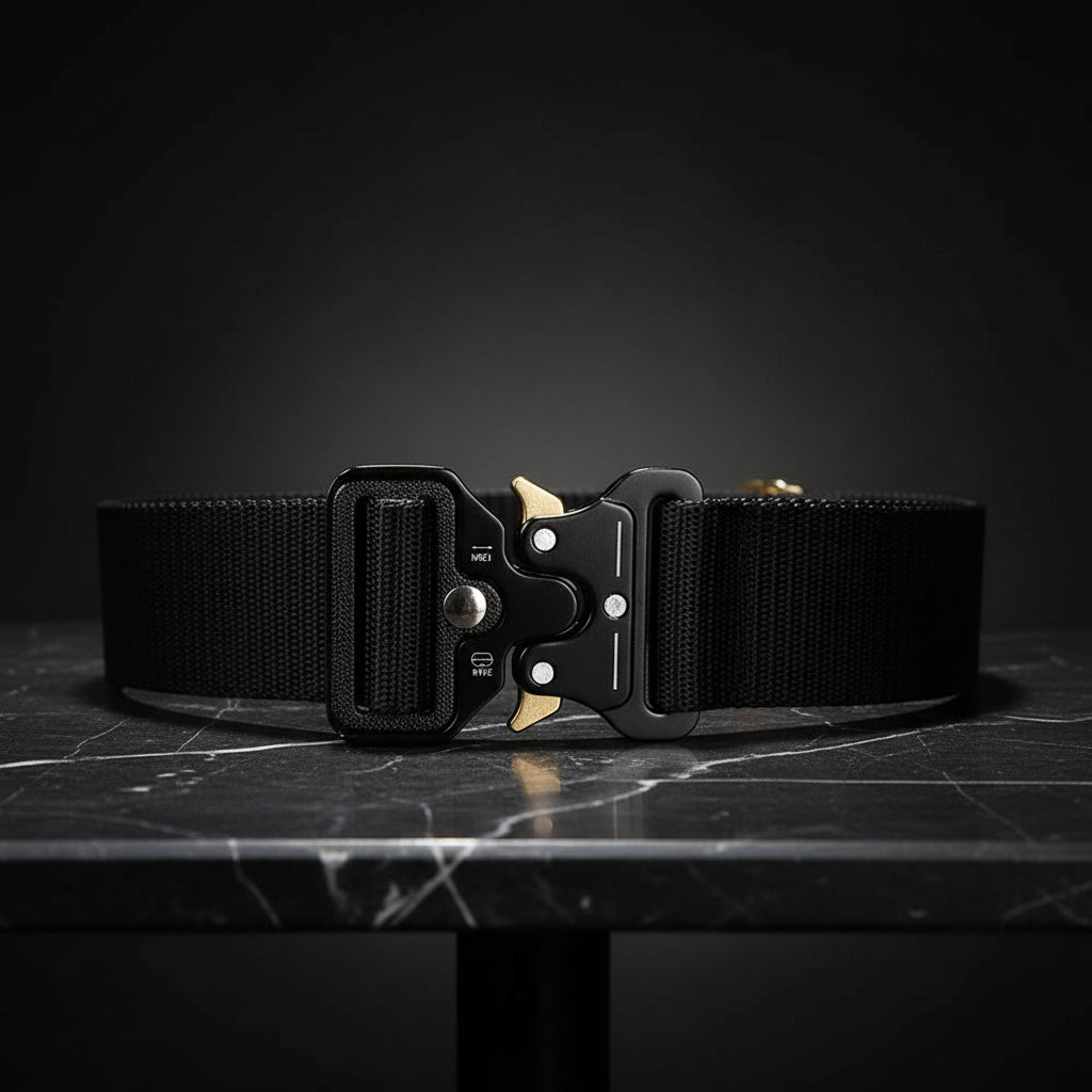 Black tactical belt with metal buckle on a white background