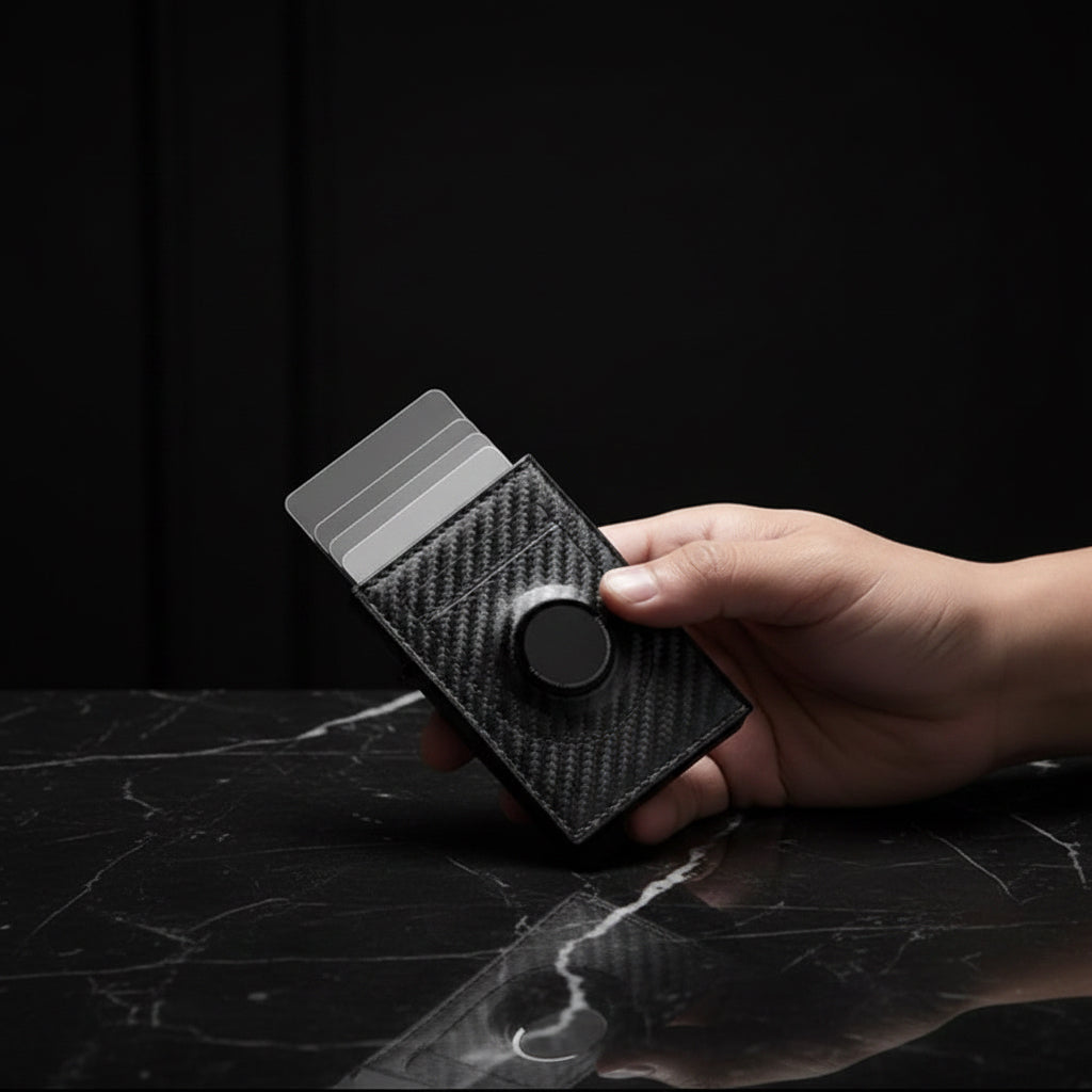 Black carbon fiber cardholder with cards ejected, held in a hand with car interior background.