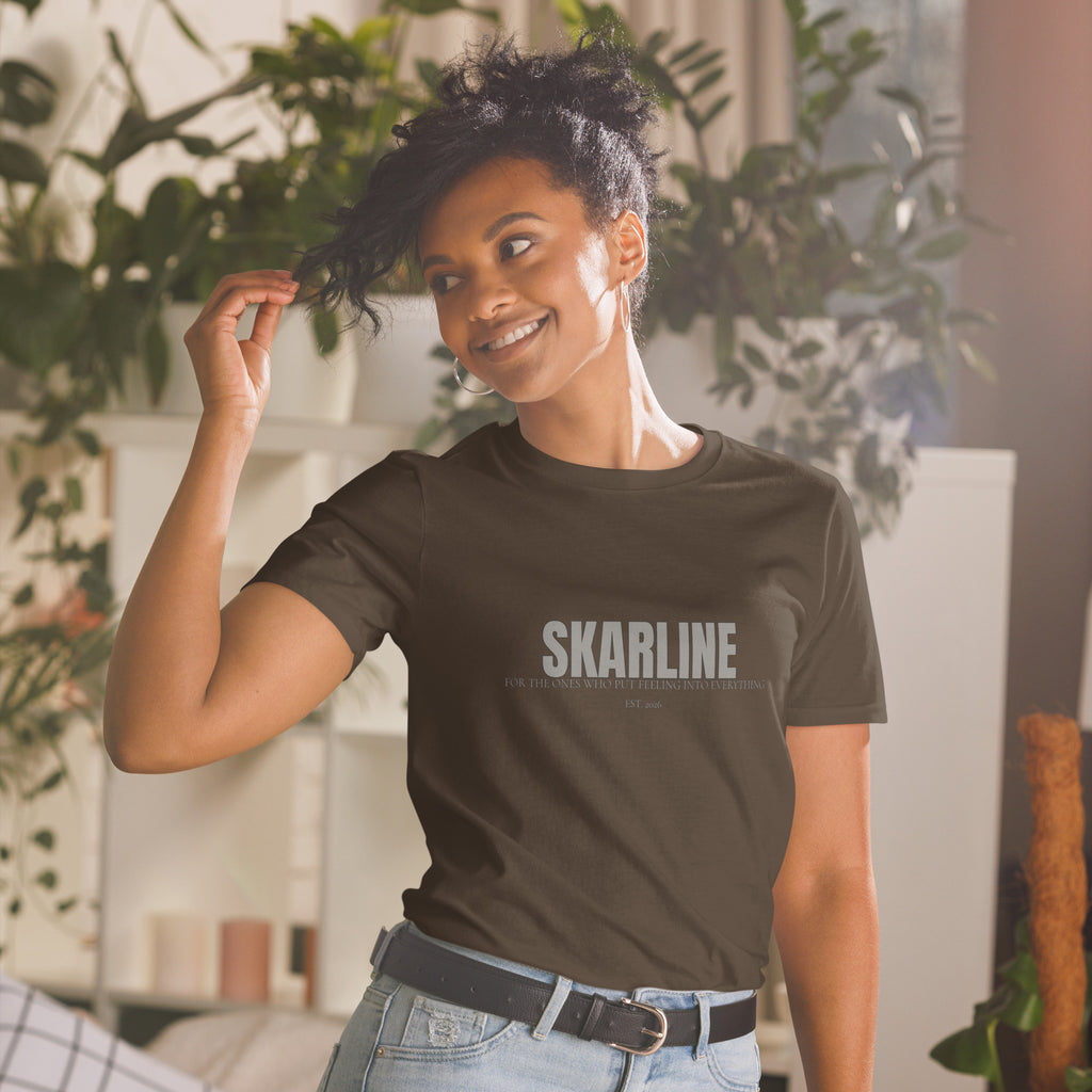 Skarline Tee in Dark Chocolate — front view logo t-shirt