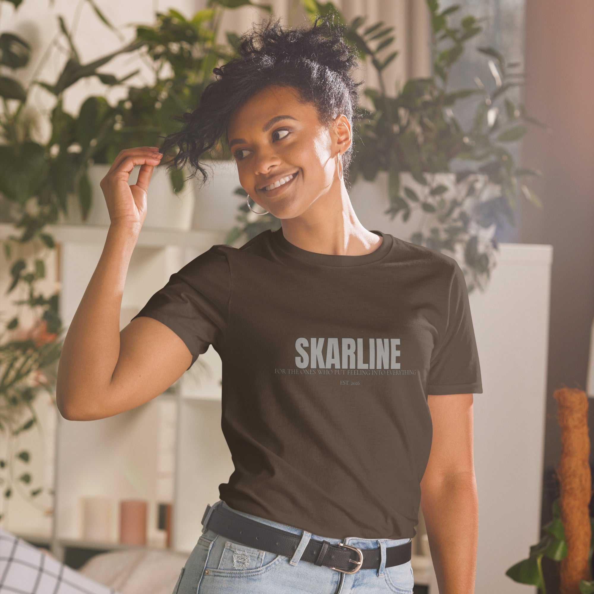 Skarline Tee in Dark Chocolate — front view logo t-shirt