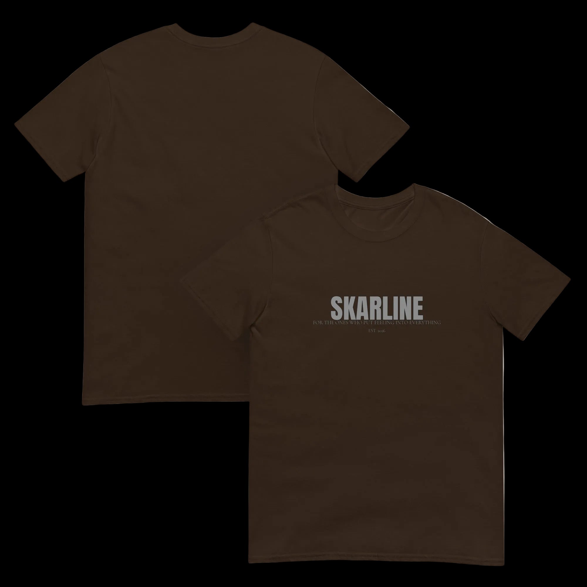 Skarline Tee in Dark Chocolate — front and back view