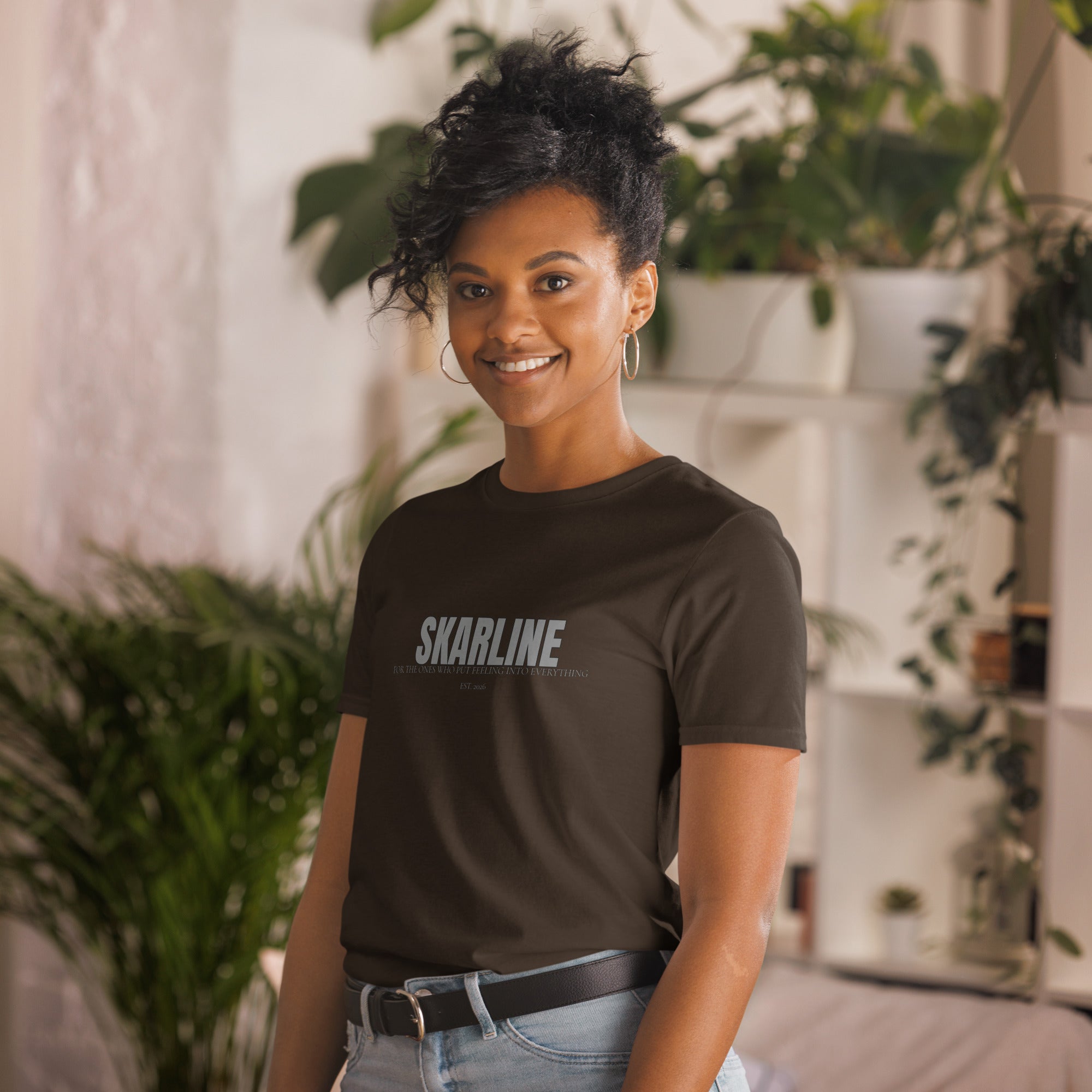 Skarline Tee in Dark Chocolate — angled front view