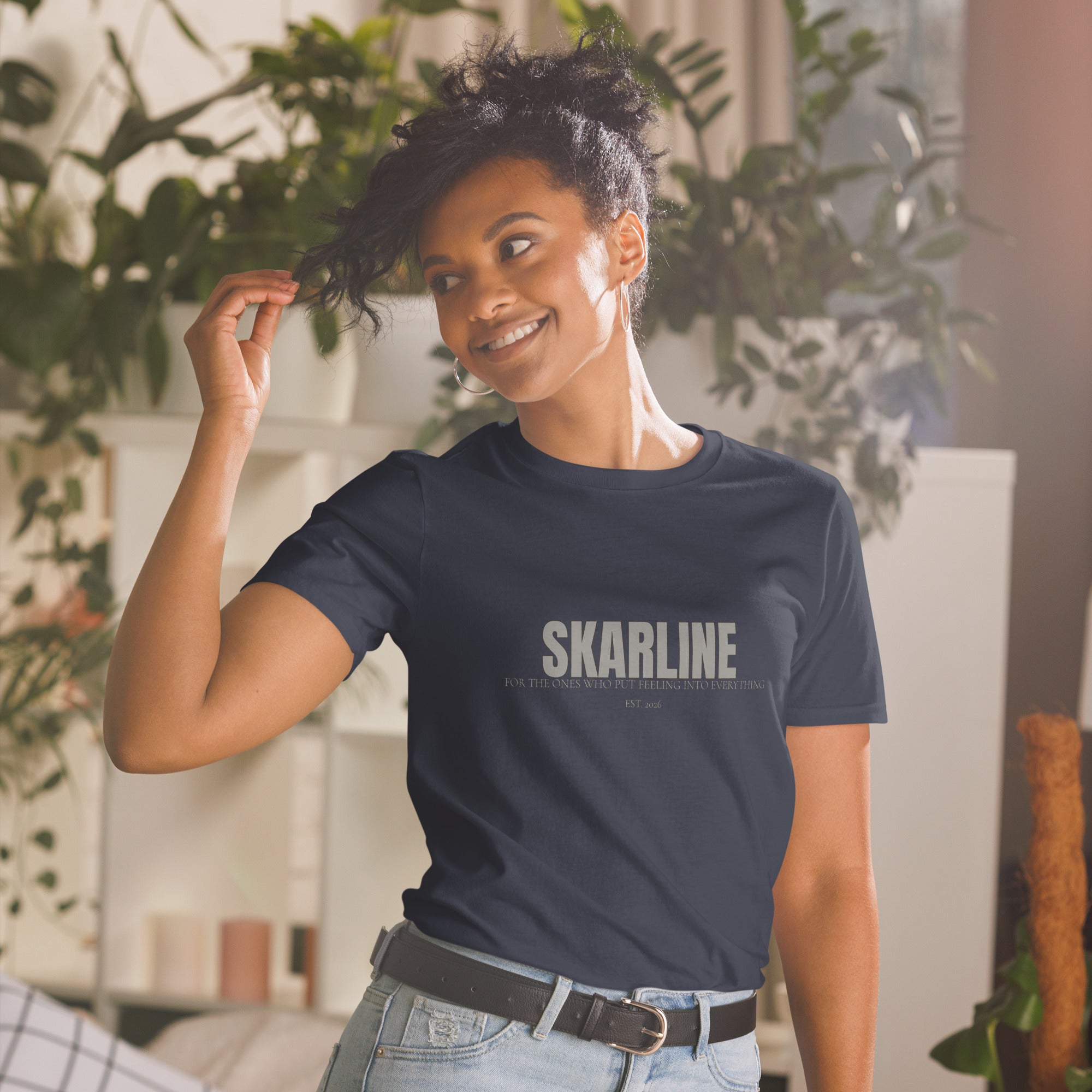 Skarline Tee in Navy — front view logo t-shirt