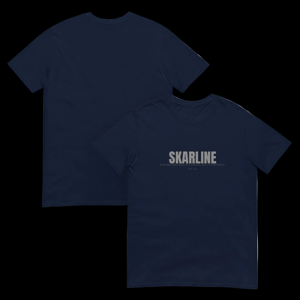 Skarline Tee in Navy — front and back view