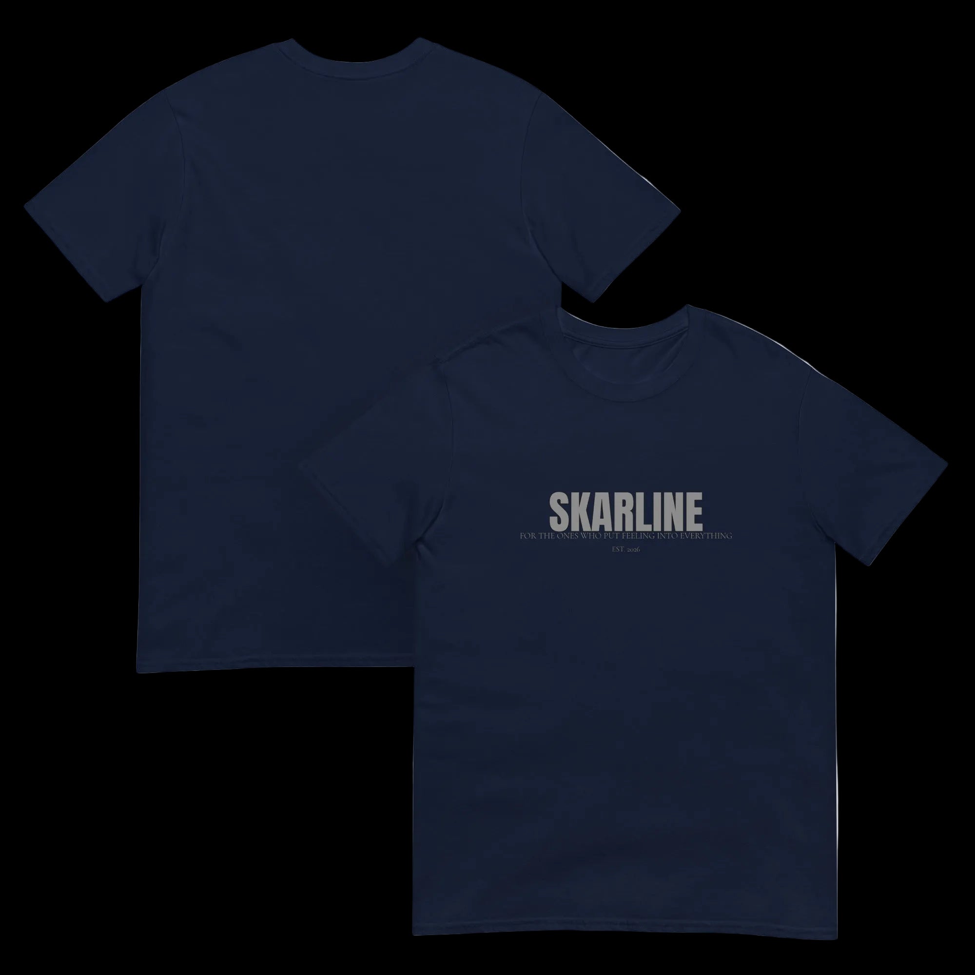 Skarline Tee in Navy — front and back view