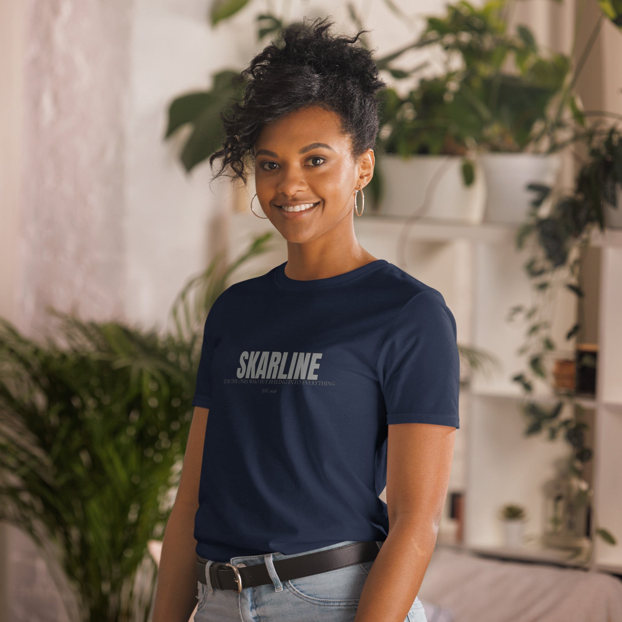 Skarline Tee in Navy — angled front view