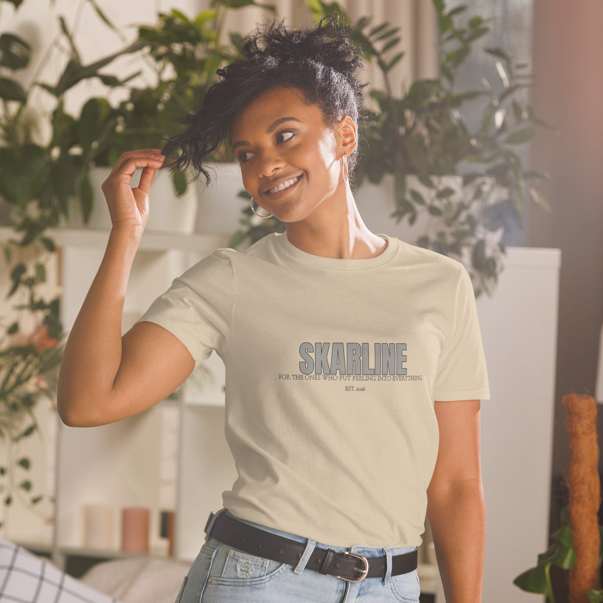 Skarline Tee in Sand — front view logo t-shirt