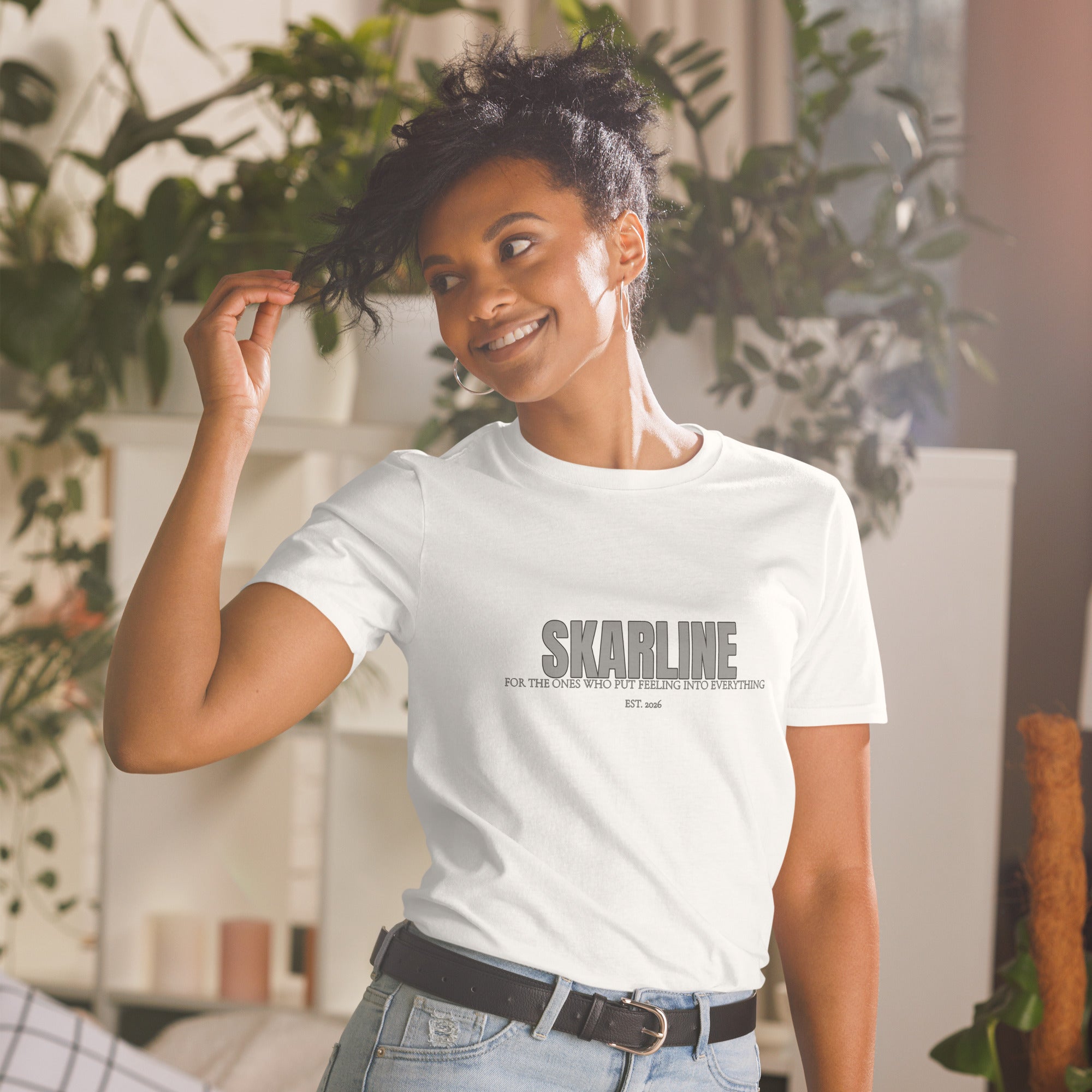 Skarline Tee in White — front view logo t-shirt